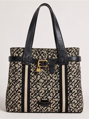 Tommy Hilfiger Black & Beige Jacquard Tote with Gold Hardware GUC